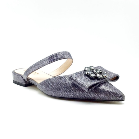 Jojos FADEKEMI Slide Metallic Pewter Jeweled Flower Bow Pointed Toe 7 - Picture 9 of 11